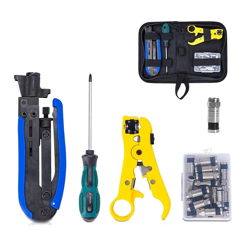 

Coax Compression Tool Kit Metal+Plastic Wire Stripper Tool Battery Cable Crimping Tool With 20 PCS F Compression Connectors