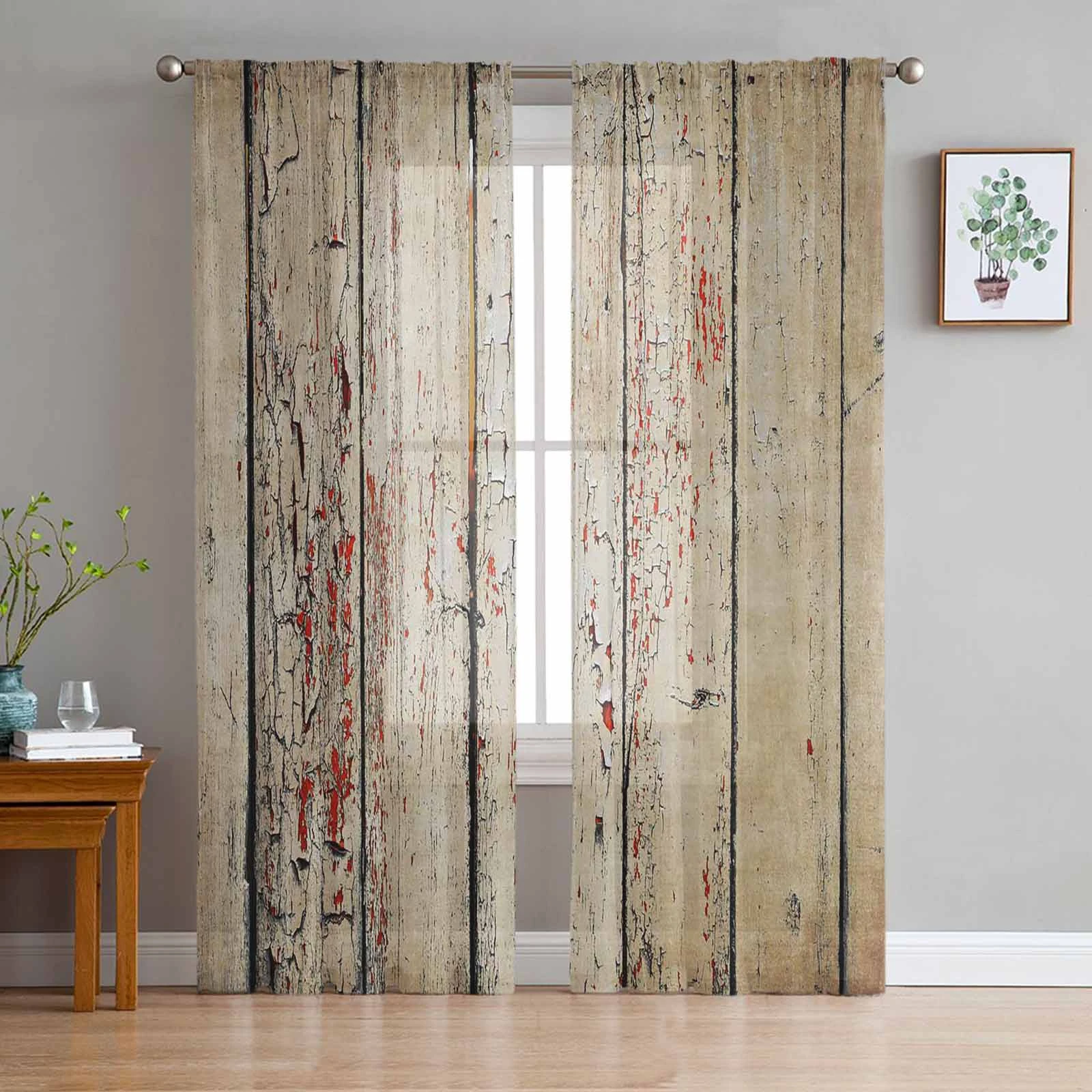 Wood Grain Vintage Farm Brown Voile Curtains For Bedroom Living Room