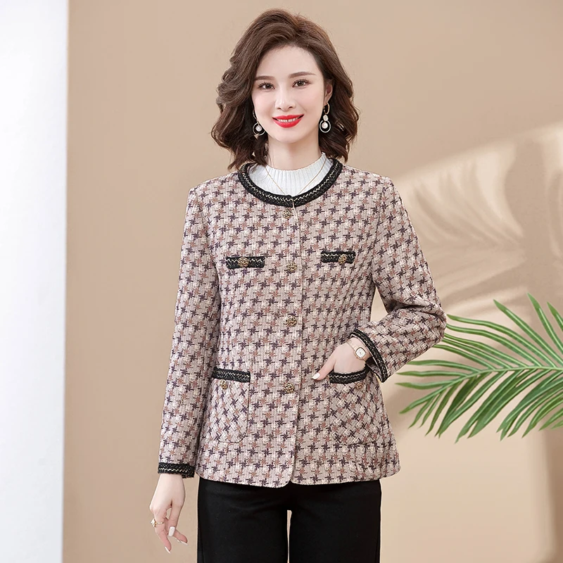 

New Spring Autumn Women's Jacket Short Plaid Coat Middle-Aged Elderly Mom Casual Outerwear Tops Jacket 5XL