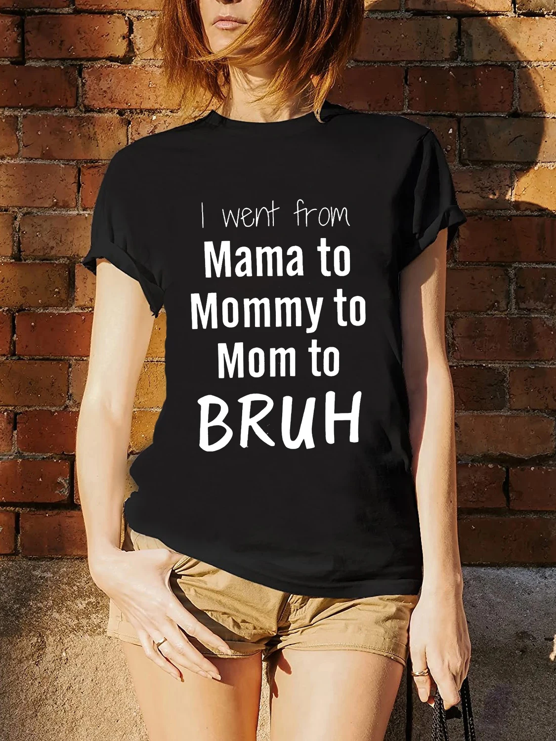 

FLC 100% Cotton Mama Letter I Went from Mama to Mommy to Mom to Bruh Funny Gifts Clothing Women Oversized T-Shirt Printed Top