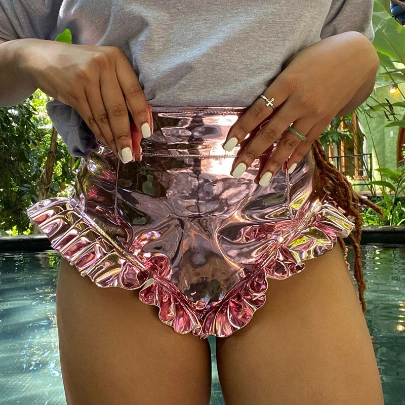 Frills Metallic PU Leather Booty Shorts Sexy Women Summer Clothing Festival Clubwear High Waisted Shorts Y2k Fashion Gold Silver