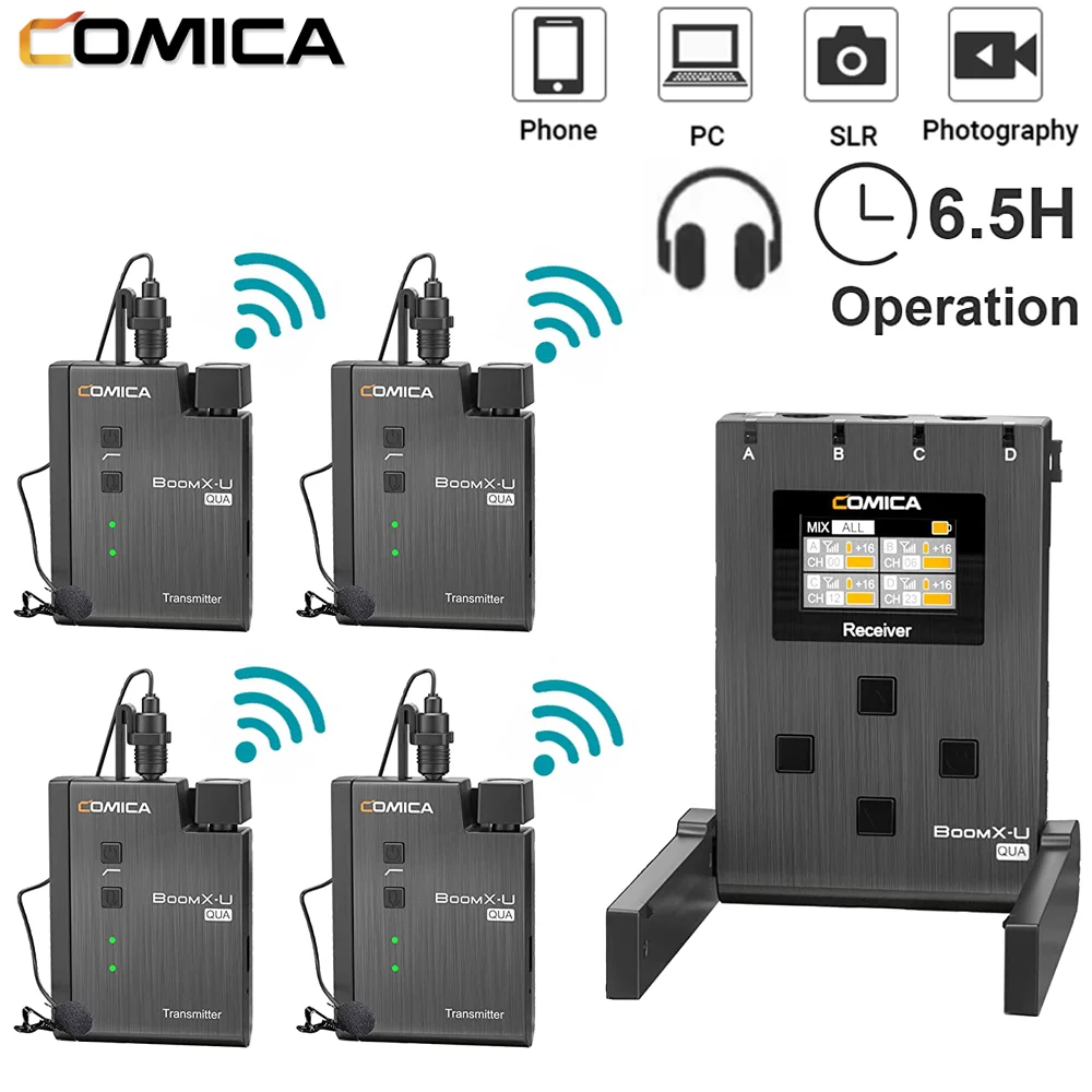 

Comica BoomX-U QUA 4 Channels UHF Wireless Lavalier Microphone for Dslr Camera Phone Video Shooting Interview Live Streaming