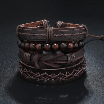 Bracciale in pelle Vintage da uomo braccialetti intrecciati multipli con perline di legno marrone come accessori decorativi bracciale con coulisse 1