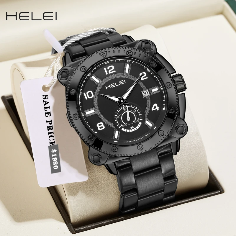 HELEI Luxury Men's Watch Stainless Steel Sport Luminous Fashion Quartz Men's Fashion Quartz Watch Waterproof Luminous