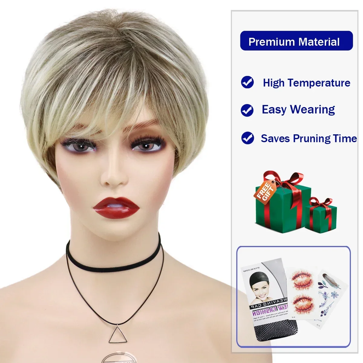Old Lady Synthetic Hair Blonde Wig with Bangs Natural Short Wig for White Woman High Temperature Blond Ombre Mommy Wig for Daily