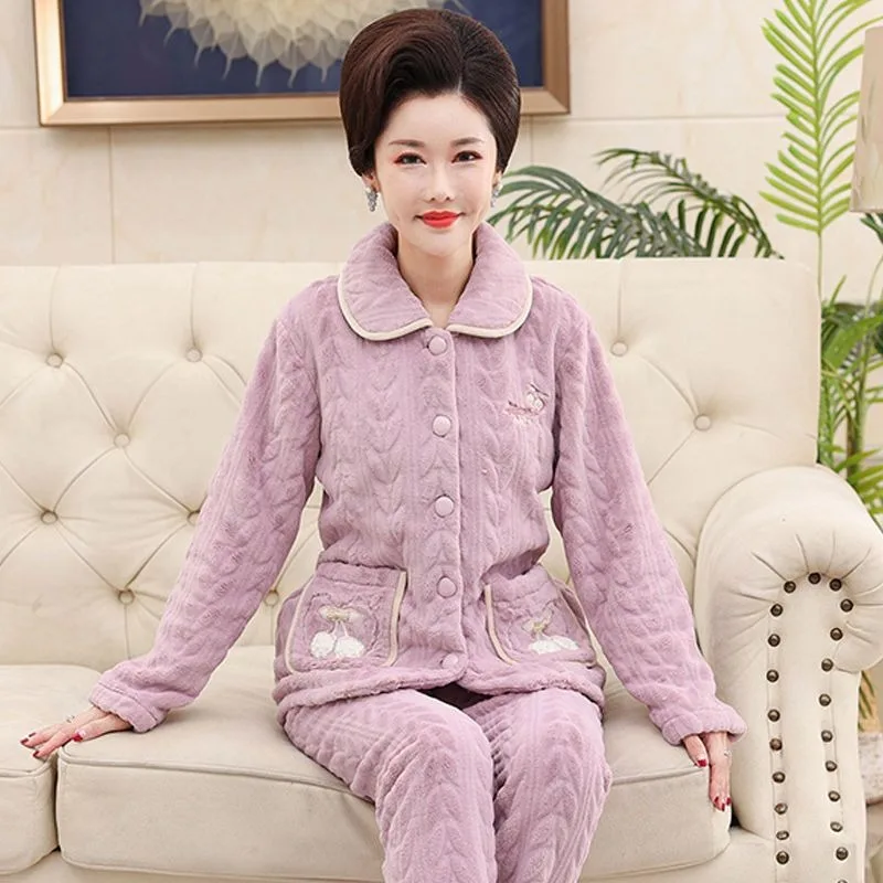 2023 New Middle Aged Elderly Women Flannel Pajamas Autumn Winter Thickened Loungewear Coral Velvet Thermal Warm Sleepwear Set