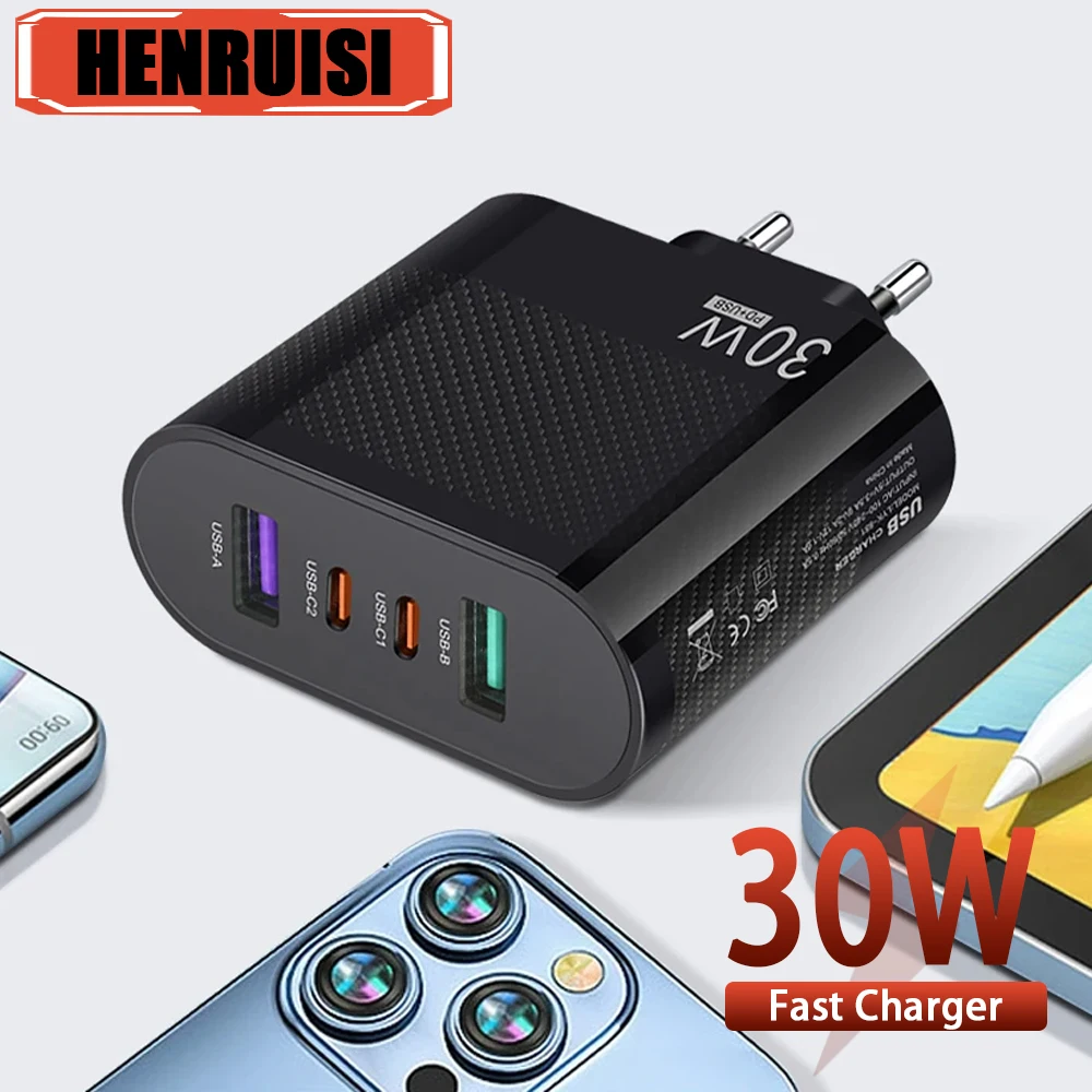 30W USB 4 Ports Fast Charging Quick Charge 3.0 Portable Wall Mobile Phone Charger Adapter For iPhone 15 14 Samsung Huawei Xiaomi