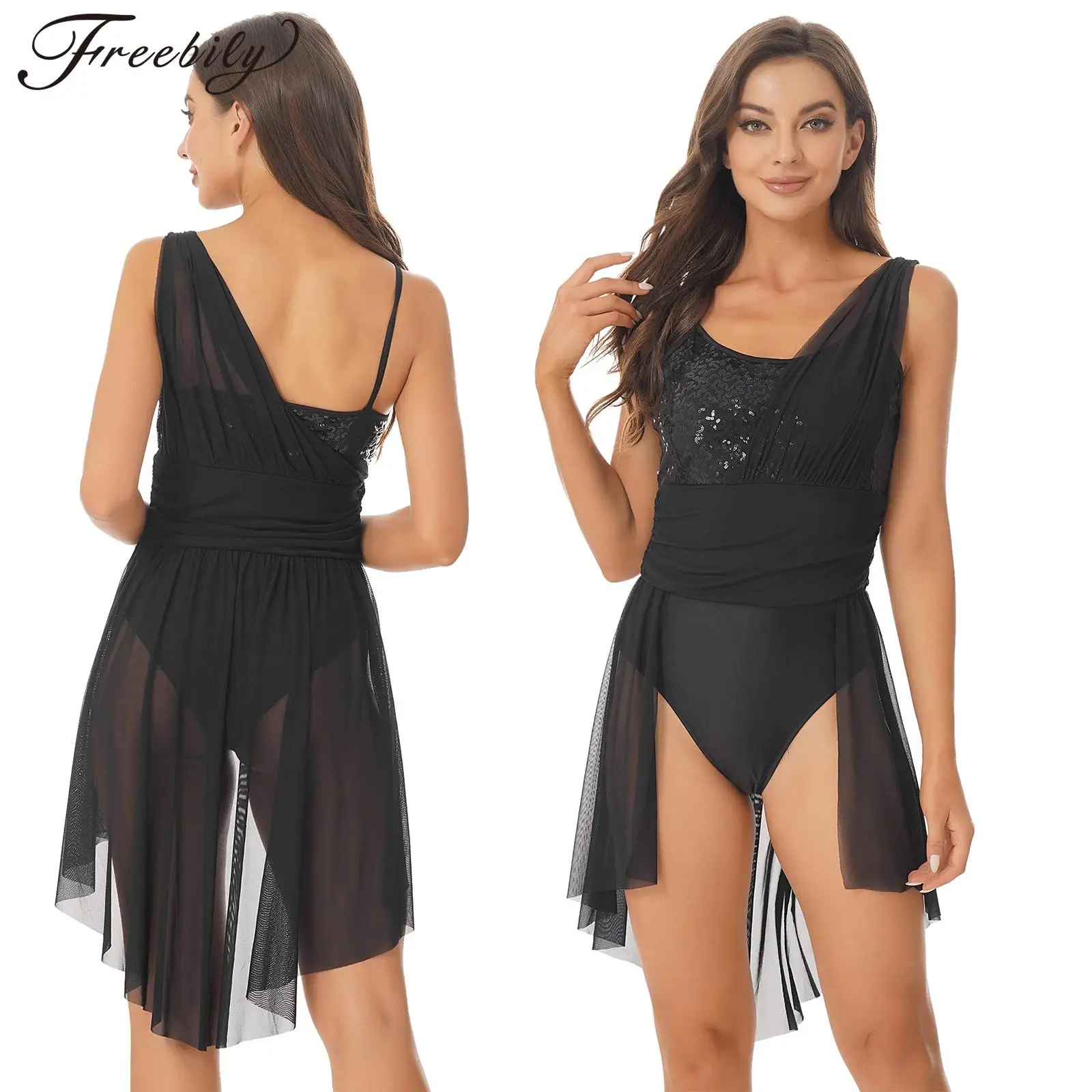 

Women Sleeveless Sequin Ballet Leotard Dress Sheer Mesh Ruched Split Lyrical Dance Dresses Ballerina Stage Performance Dancewear