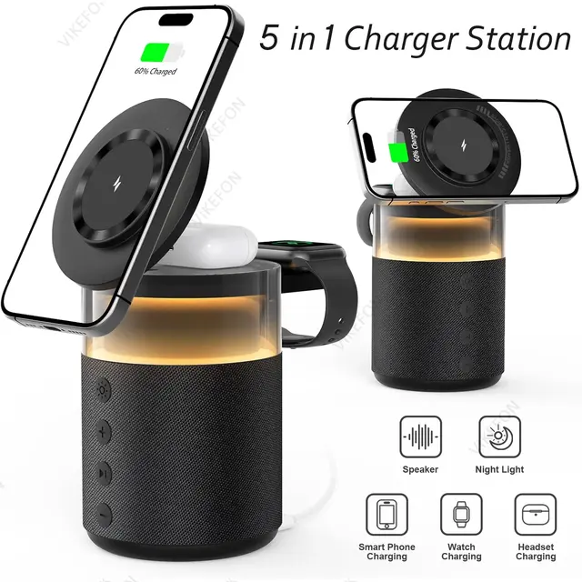 Multi-functional Magnetic Wireless Charger Night Light Speaker For Apple Watch&iPhone 17 16 15 14 13 12 Pro Max&AirPods 4/3 Pro
