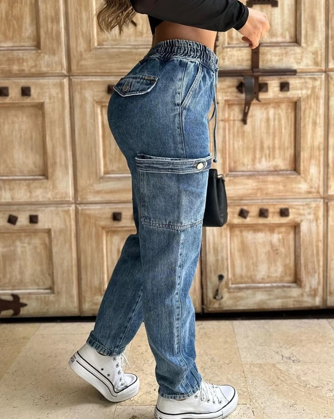 Y2K Women's Cargo Pants 2023 Autumn 2023 Autumn New Fashion Casual Low Rise Versatile Pocket Design Buttoned Tied Detail Jeans