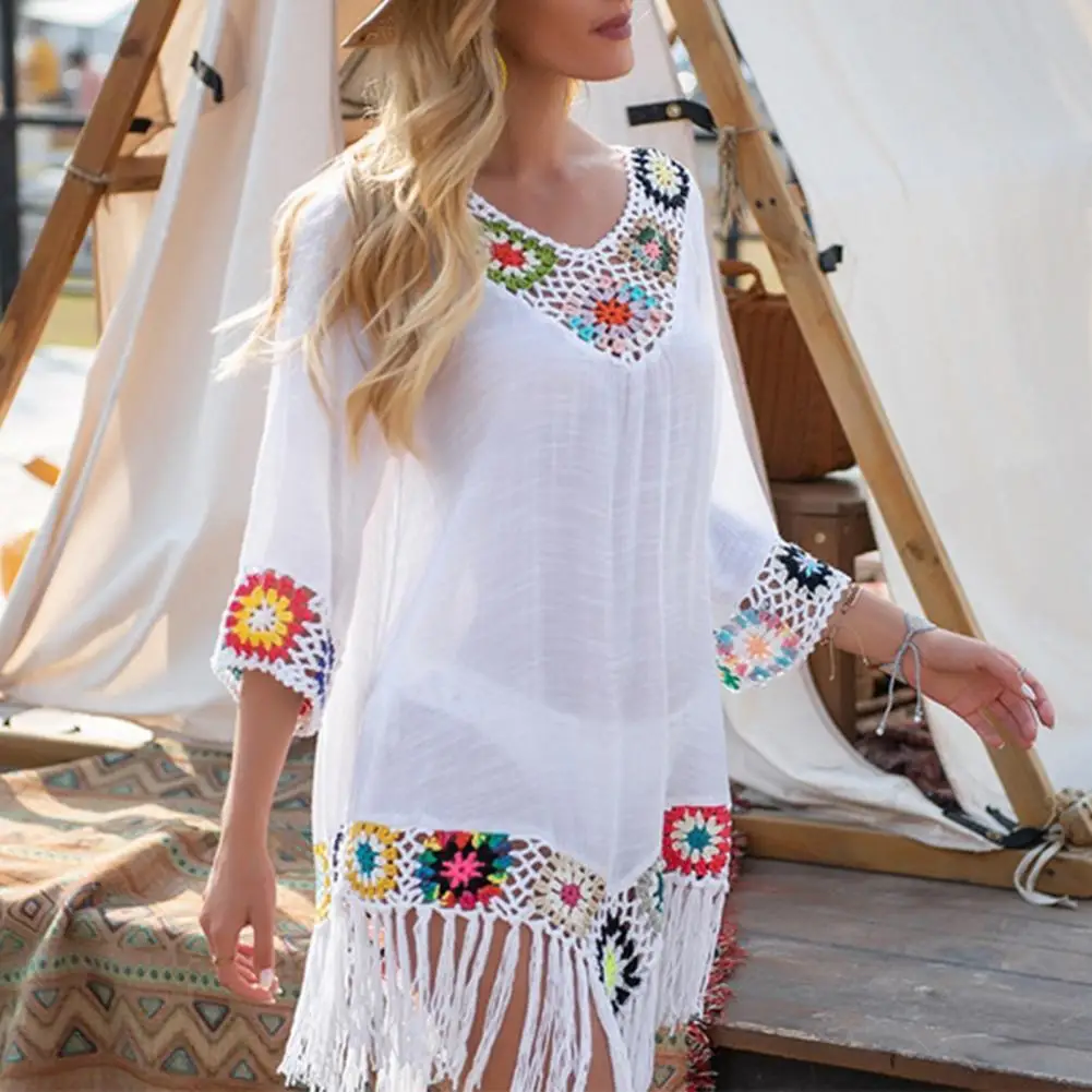 crochet patchwork cover up beach dress Solana Patchwork Crochet Mini Cover Up Dress – VICI main image 0
