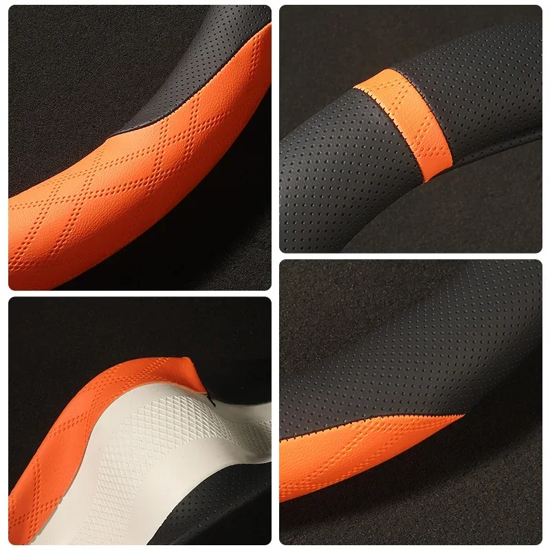 Premium Leather Non-Slip Breathable Car Steering Wheel Cover, 37-38cm,