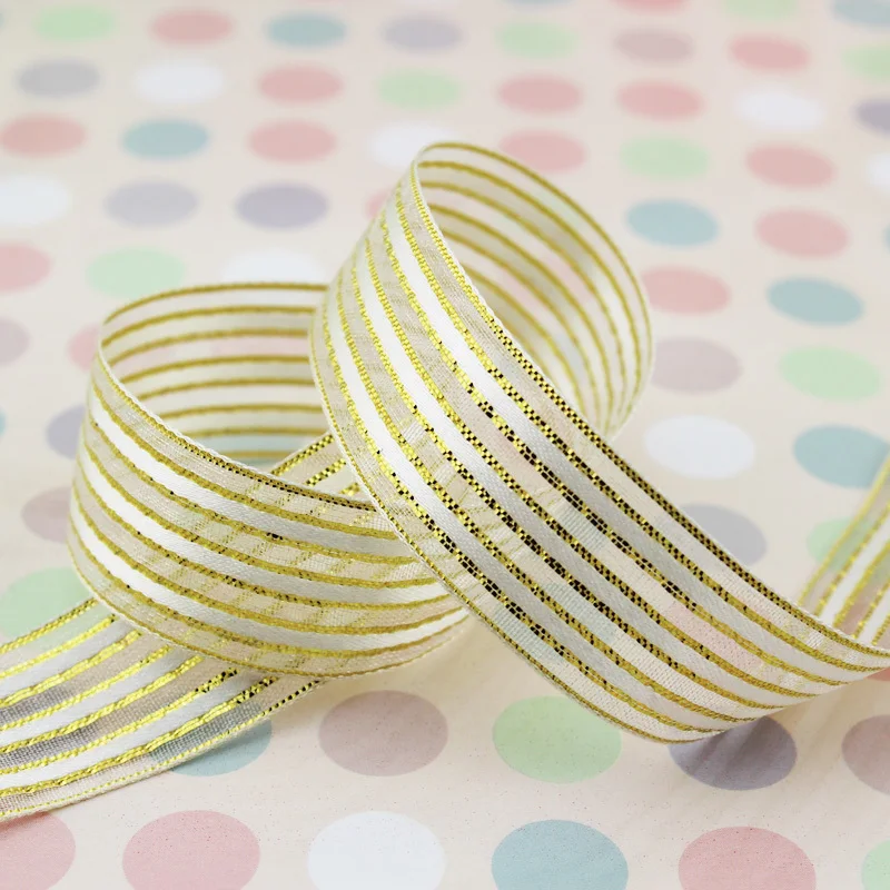 15mm Gold White Stripe Double Face Organza Gift Packaging Ribbon High Quality Wedding Shiny Ribbons Handmade DIY Ribbon Crafts