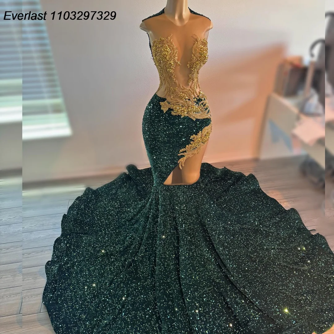 Sexy Green Velvet Prom Evening Dress,Gold Applique Beaded Slit Black Girl Birthday Gown Y8122