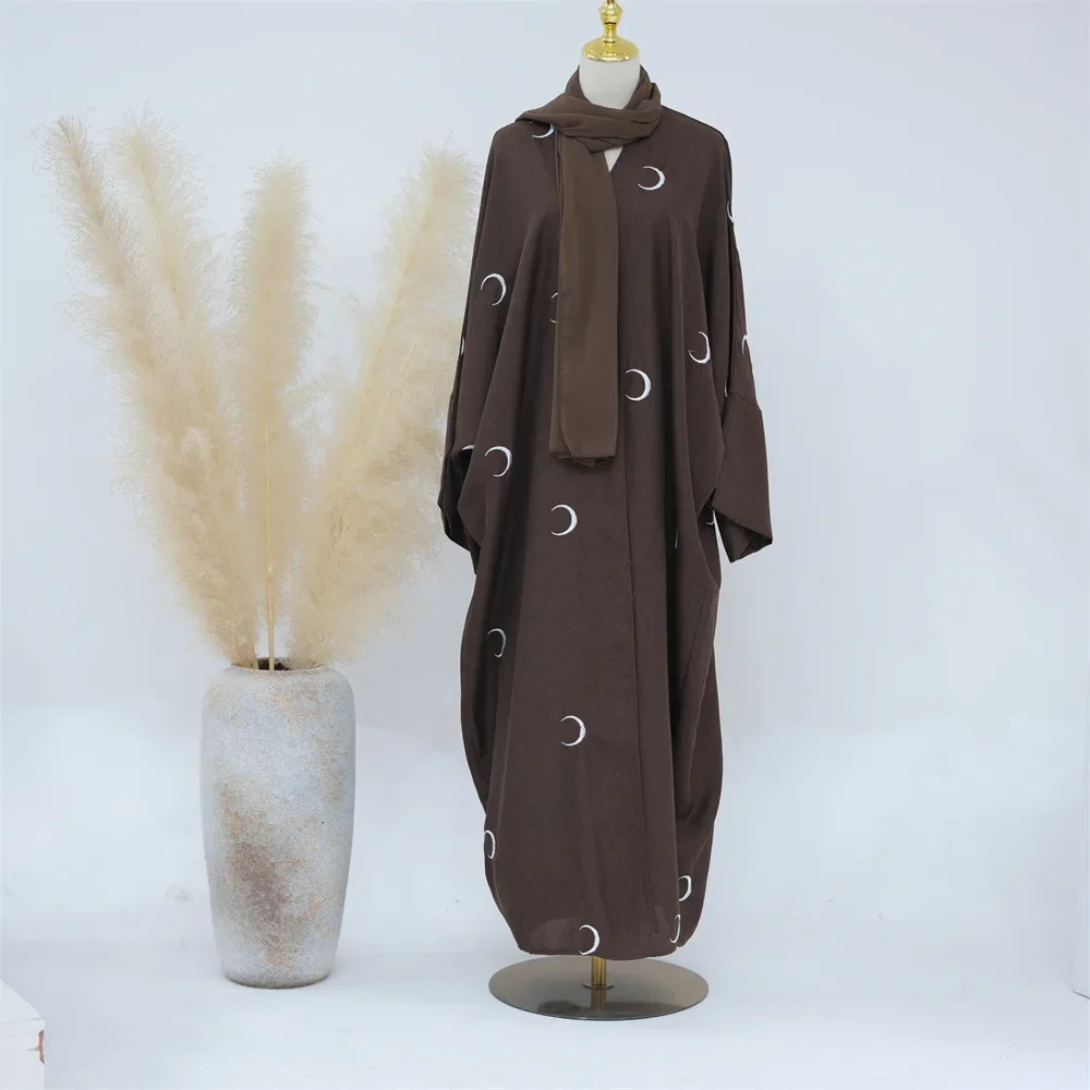 Moon Embroidery Cotton Linen Abaya Kimono Muslim Hijab Dress Open Abayas for Women Dubai Luxury 2024 Islam Clothes Turkey Kaftan