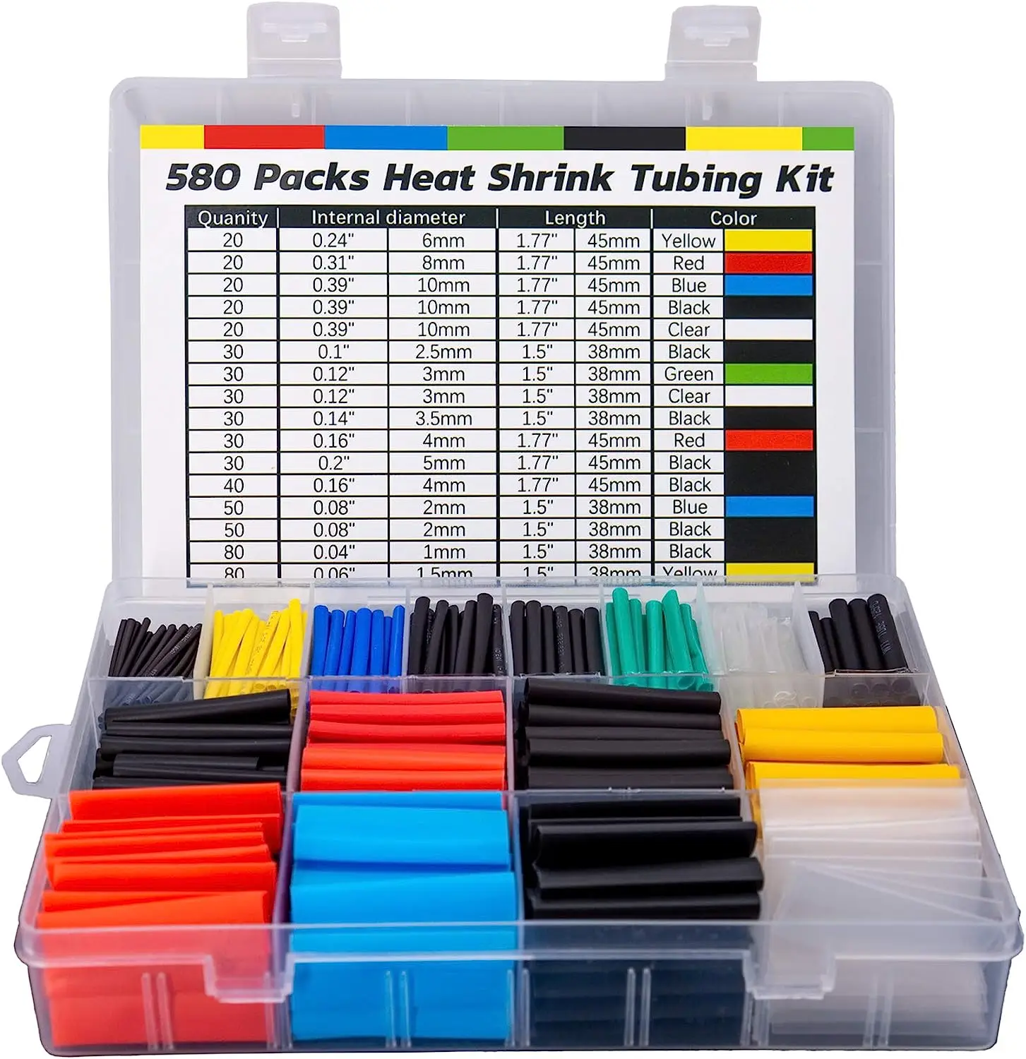 

Heat Shrink Tubing Kit - 580Pcs EVA Material in 6 Colors and 11 Sizes - Ideal for Electrical Insulation, Repairs