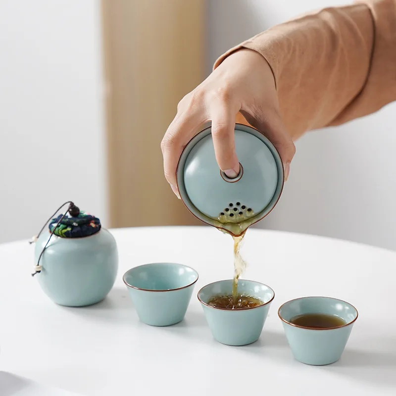 Ru Kiln Travel Tea Set Portable Outdoor Teaware One Pot Three Cups Suit Tea Ceremony Supplies Home Beauty Infuser