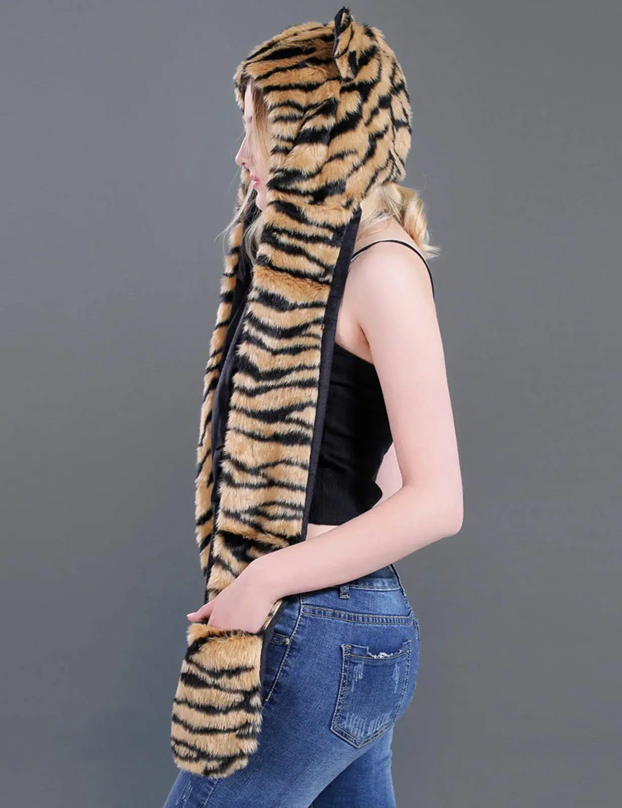 Tiger, Autumn and Winter Nnovelty Faux Fur Hoods Animal Hat Scarf Gloves 3 in1 Fleece Hooded Plush Warm Earmuff Party Caps