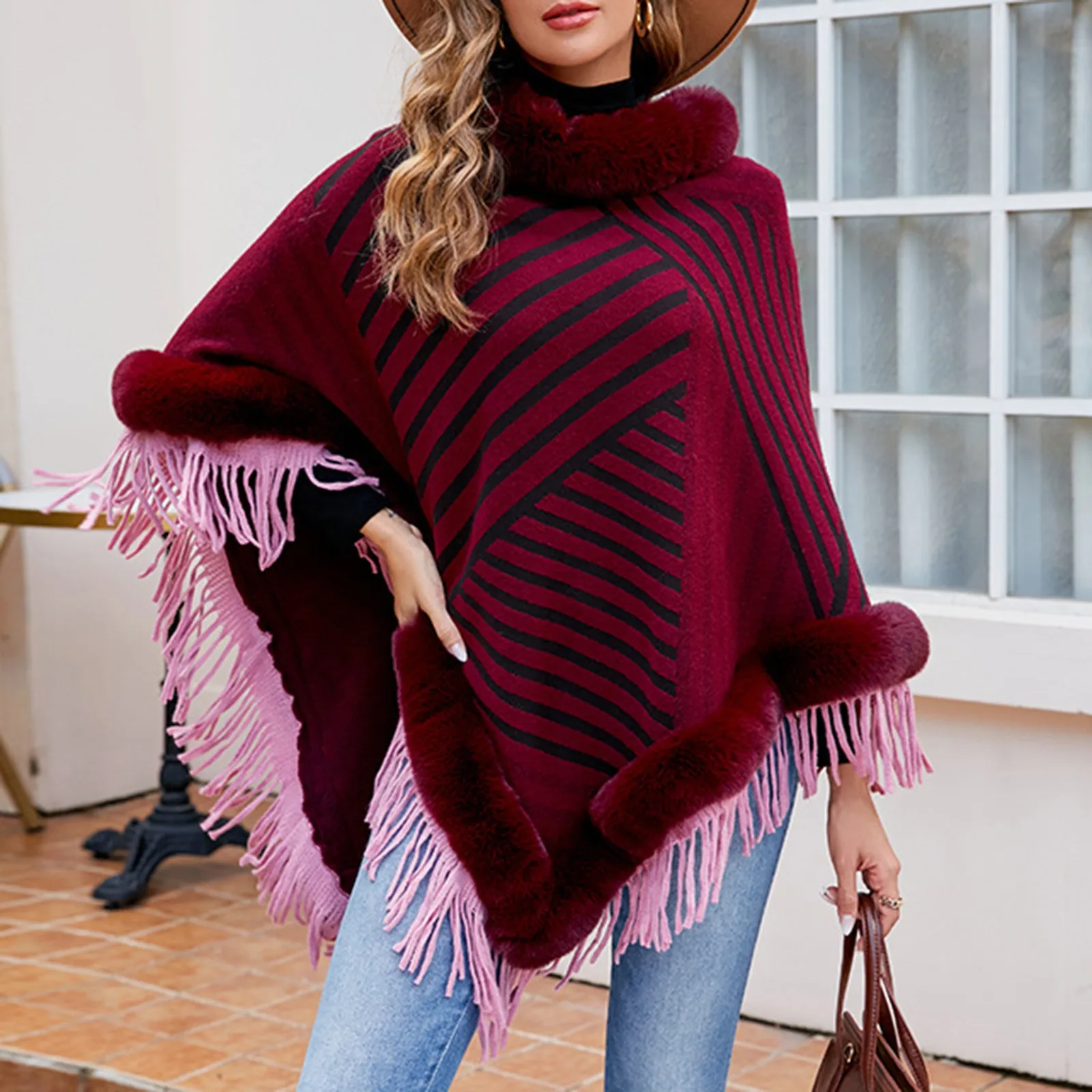 

Winter Warm Fur Collar Long Tassel Poncho Capes Striped Women Knitted Loose Fringe Poncho Cloaks Pullover Elegant Streetwear