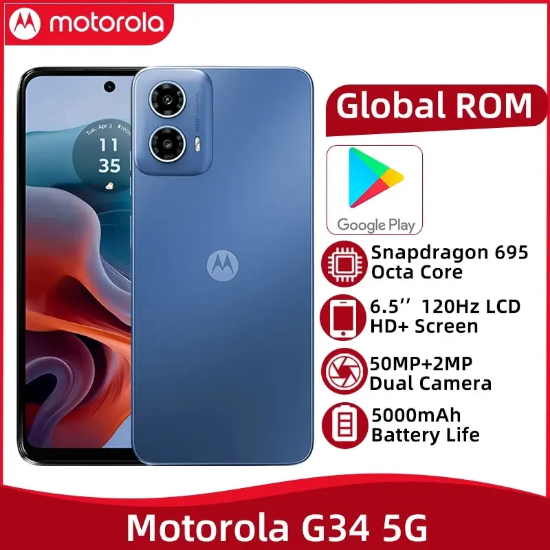 Lenovo Motorola Moto G34 5G Mobile Phone Snapdragon 695 Octa Core 6.5\'\' 120Hz LCD Screen 50MP Camera 5000mAh Battery