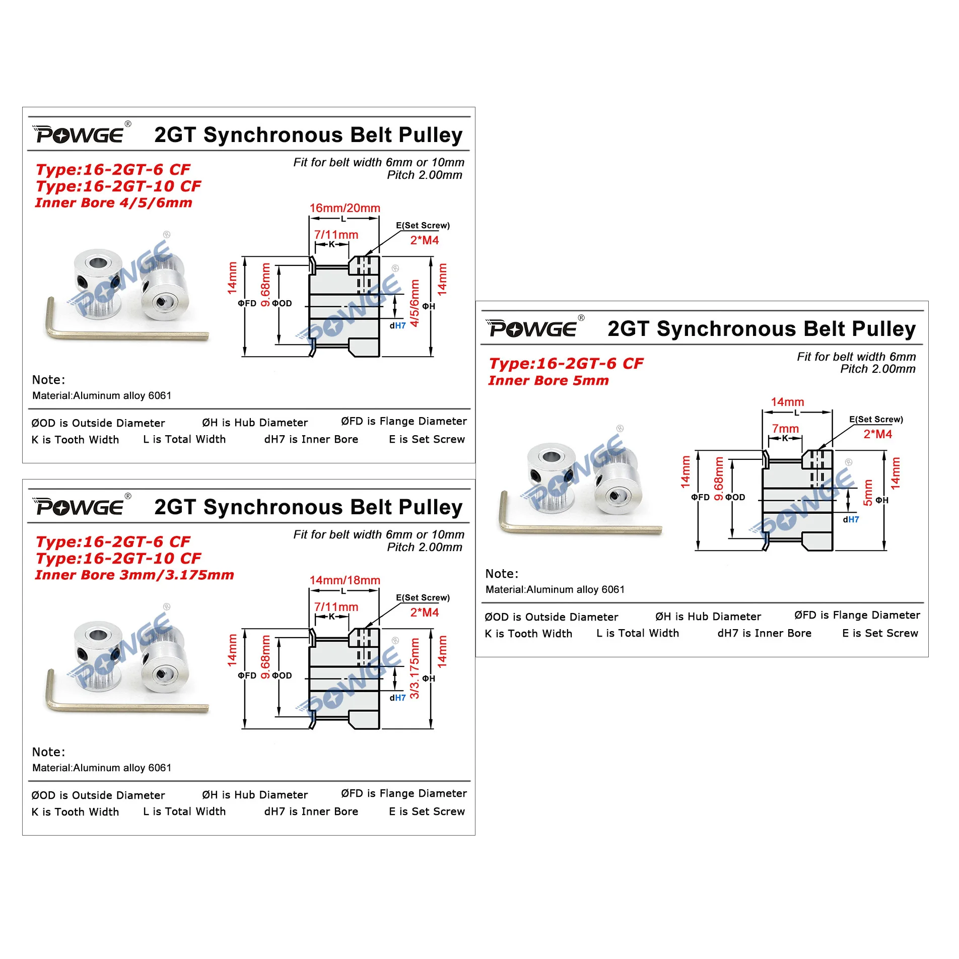 Timing Pulley 16 teeth 2MGT 2GT Bore 3/4/5/6mm For GT2 Open Synchronous Belt Width 6mm/10mm Small Backlash