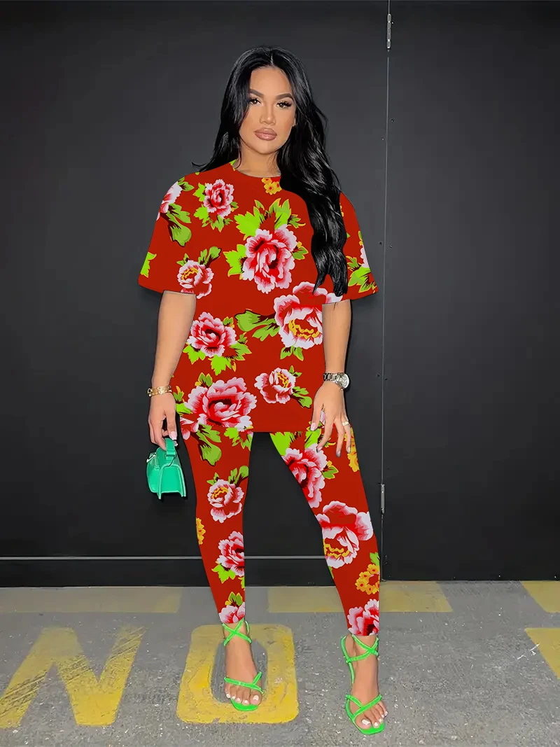 신제품 WMstar 플러스 사이즈 여름 투피스 의상 세트, 싱글 슬리브 크롭탑 및 스커트, 섹시한 도매 직송 9 플러스 사이즈 여름 패션 반팔 바지 2 종 세트, 여성 플러스 북동 빅 플라워 3D 프린트 티, 통기성 의류