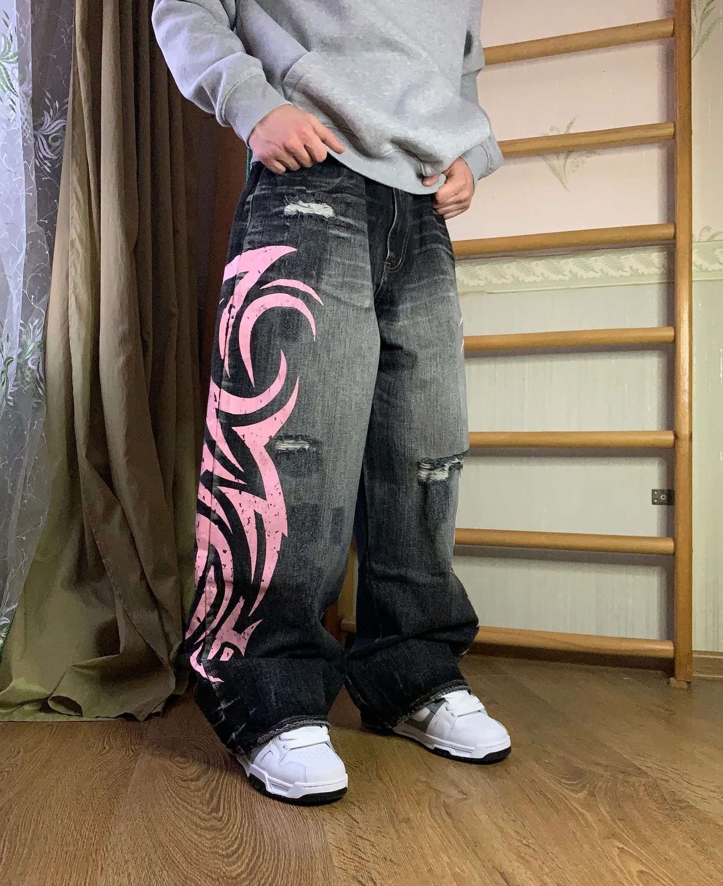 Y2K American Vintage Mottled Totem Print Baggy Jeans Women's High Waist Wide Leg Jeans Women's Trendy Hip-hop Jeans 6