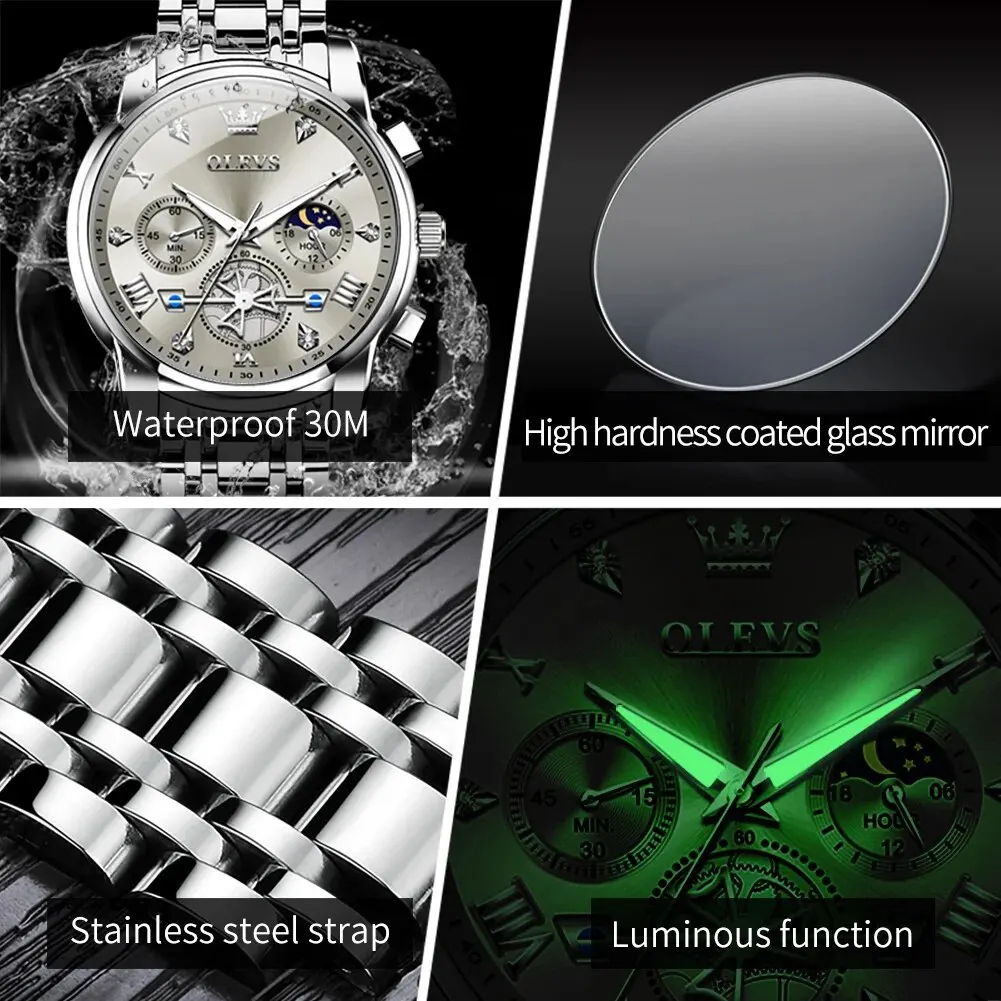 OLEVS Men's Luxury Quartz Wristwatch - Moon Phase Chronograph, Waterproof & Luminous