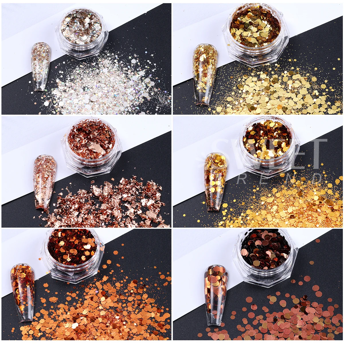 12pcs Brown Gold Style Nail Glitter Mixed Hexagon Round Sequin Metallic Leaf Sparkly Gorgeous New Year Winter Decor Accessories