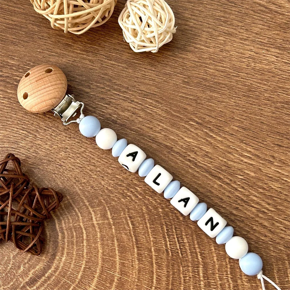 Personalized Name Pacifier Chain with Wooden Clips & Silicone Colorful Beads