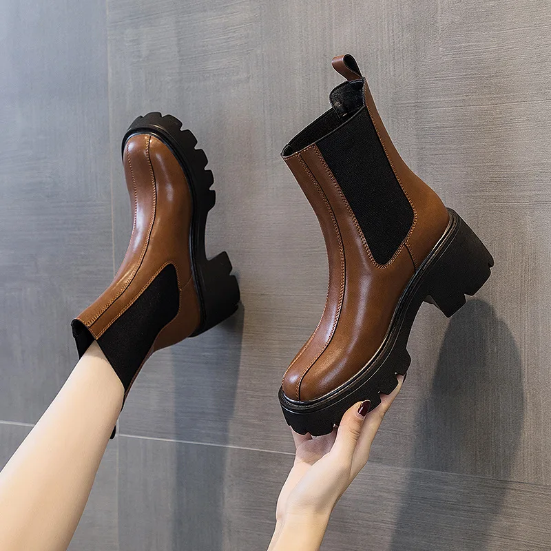 

7cm Full Cow Genuine Leather Women Ankle Motorcycle Chelsea Booties Platform Suede Winter Autumn Fashion Non Slip Shoes