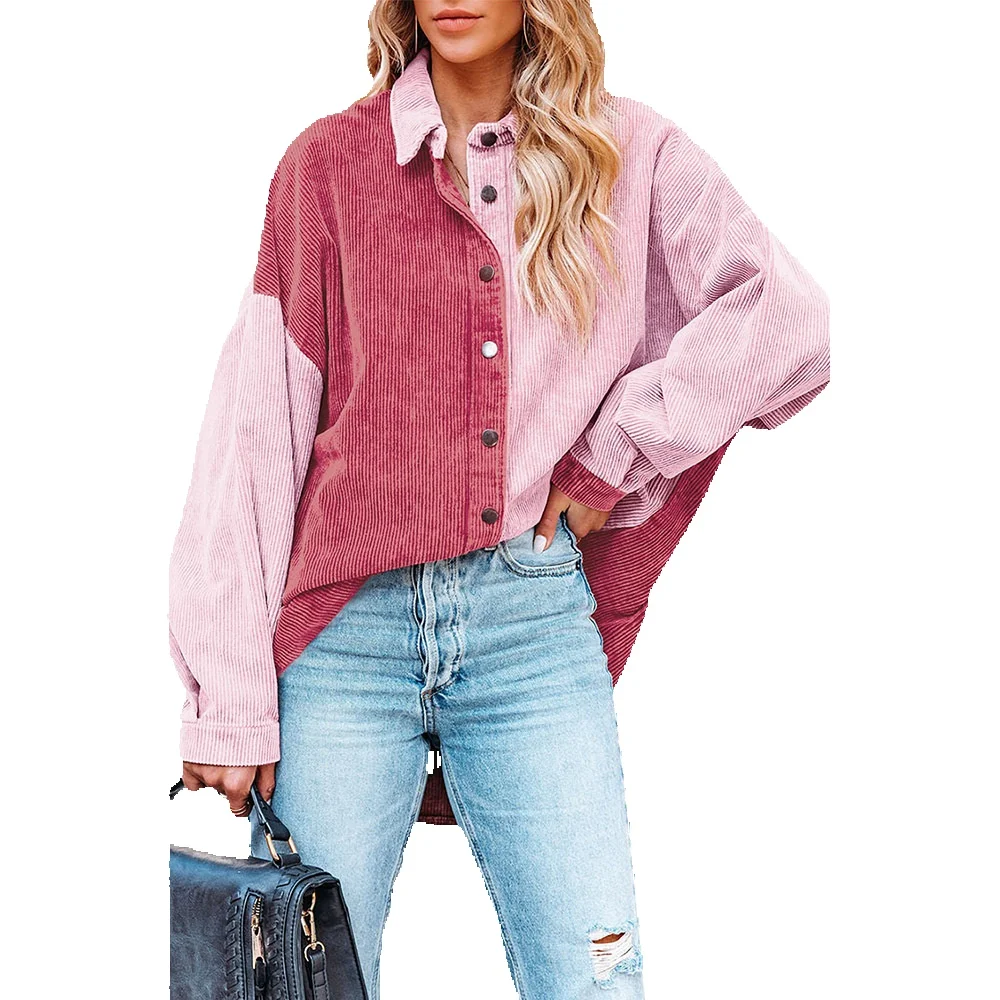 

Shiying Falling Shoulder Color Block Corduroy Jacket Women's Casual Versatile Loose Shirt 8512580