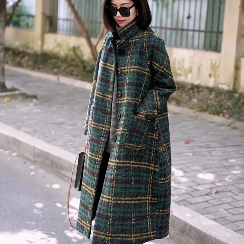

Retro Plaid Wool Blend Coat Women's 2023 Fall Winter New Korean Version Thickened Loose Fashion Woolen Outerwear Ropa De Mujer