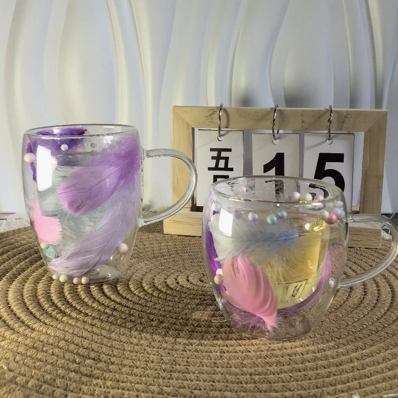 Glass water cup Double wall glass cup 250/350ML Glass Cup Feather Design Double-layer Coffee Cup Clear Heat-resistant Glass Mug Household Office Exquisite Gifts Cups