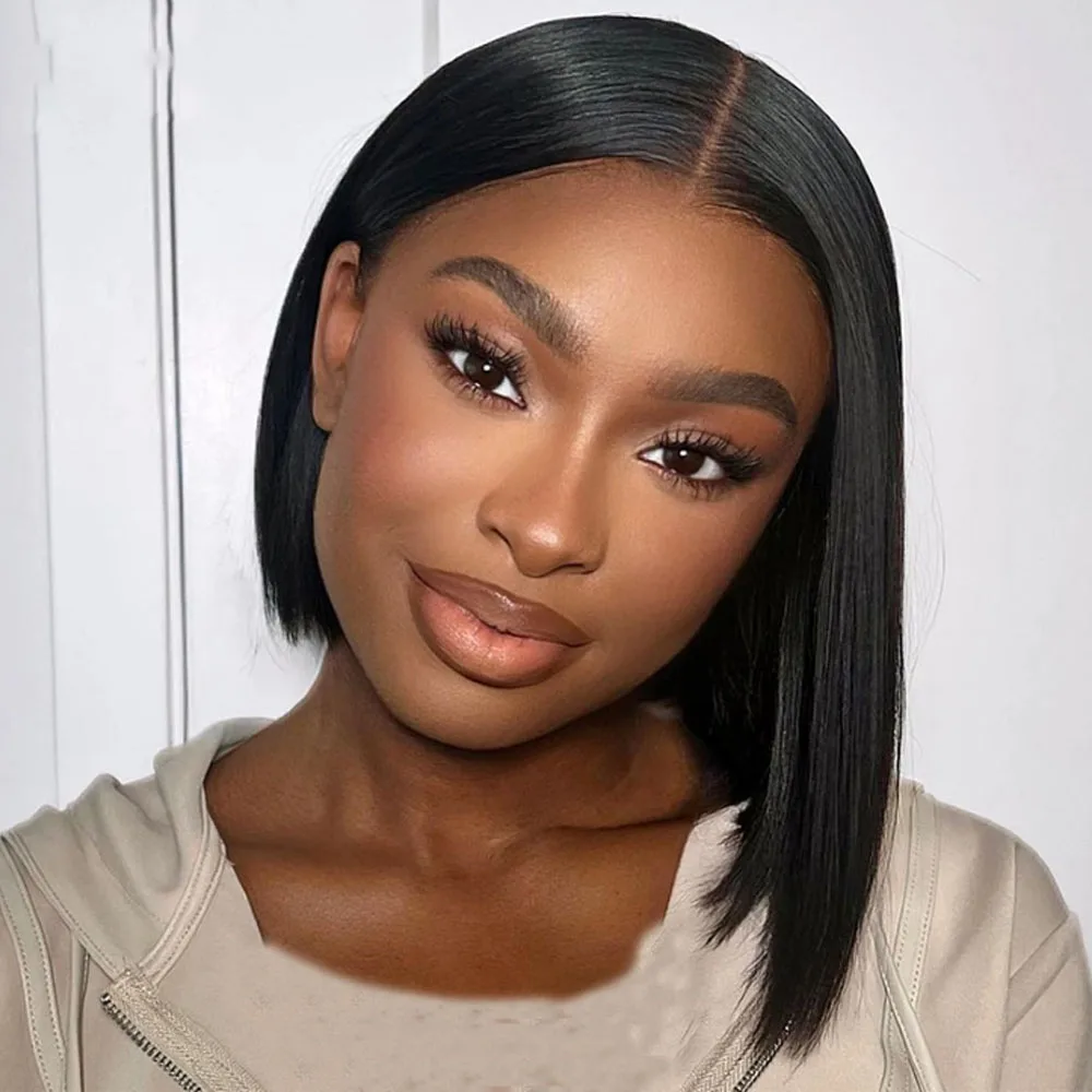 

4*4 Transparent Lace Bob Human Hair Brazilian Short Pixie cut Wig Pre Plucked Gluless Remy Hair Ready to Wear Closure Wigs