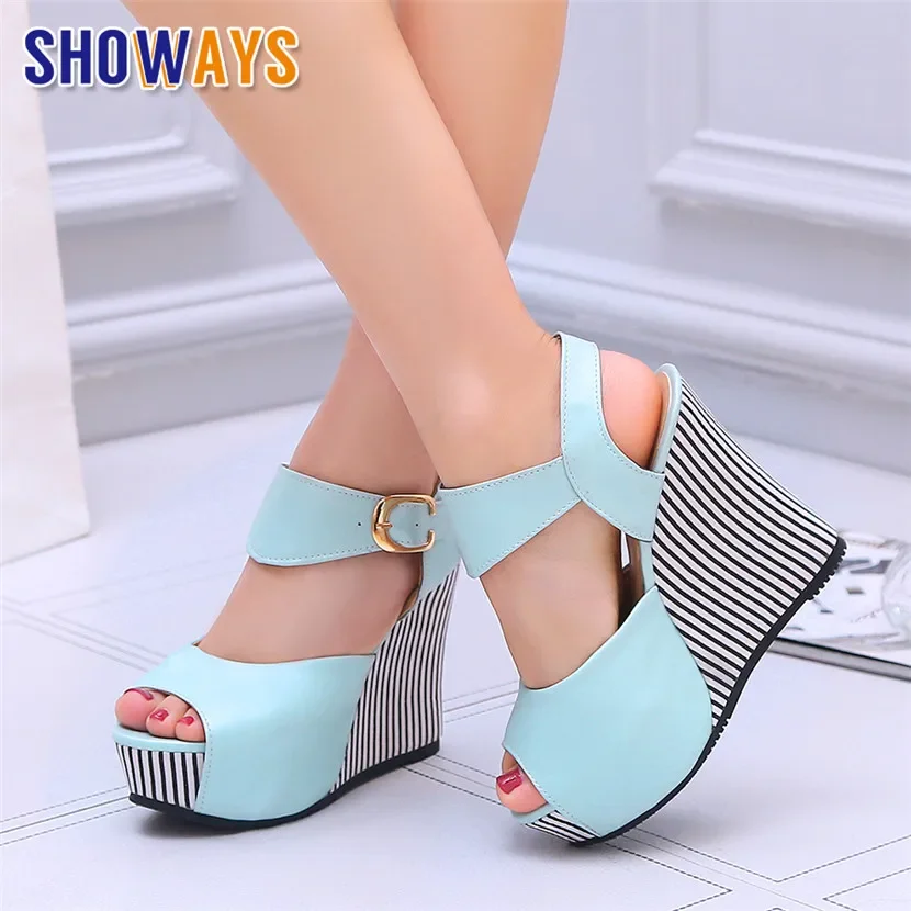 

Plus Size Women Platform Wedge Sandals High Thick Heel Black Pink Casual Office Ankle Strap Lady Summer Peep Toe Gladiator Shoes