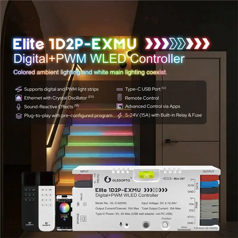 GLEDOPTO WLED 컨트롤러 엘리트 1D2P-EXMU GL-C-620WL 디지털 RGBIC PWM 단일 색상 LED 스트립용 내장형 릴레이 퓨즈 이더넷