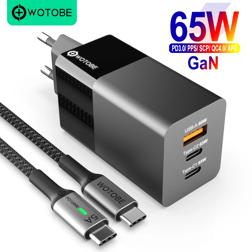 WOTOBE 65W GaN USB C Wall charger Power Adapter,3 Port PD 65W PPS QC4 45W SCP for Laptops MacBook iPad iPhone 13 Samsung  XIAOMI 65 watt charger phone