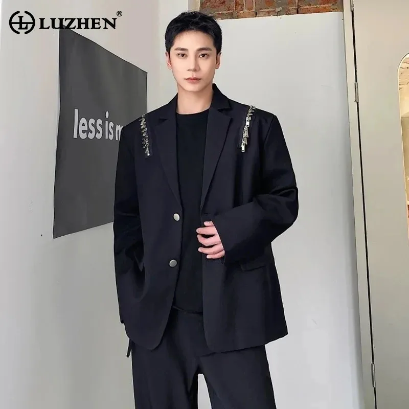 

LUZHEN Style Korean Niche Blazers Men Slim Set Fashion Design Ruffled Handsome Shoulder Pad Suit Coat Straight Suit Pants LZ2295