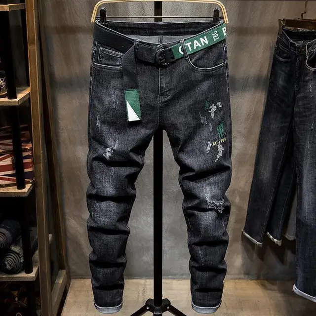 Streetwear Hip-hop luxe Style coréen hommes coupe ajustée brodé Denim décontracté jean printemps et automne mode pantalons longs mâle 1