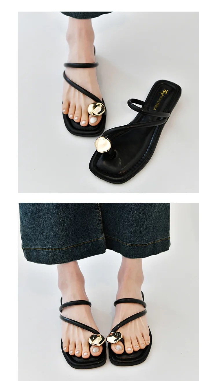 Damen Sandalen Schmal band Mode Metall dekoration Low Heel Slip auf Sommer weibliche Slipper elegante Rutschen Outdoor Beach Flip Flop – Detail 11