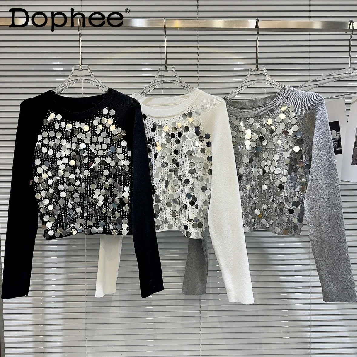 

Hot Girl's Large Sequin Stitching Short Knitwear Female 2023 Autumn and Winter New Round Neck Long Sleeve T-shirt Top Female