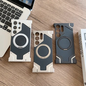 Custodia per telefono con telaio in lega di alluminio e supporto magnetico per Samsung Galaxy S25 S24 S22 S23 Ultra, cover protettiva con telaio in metallo e fibra di carbonio