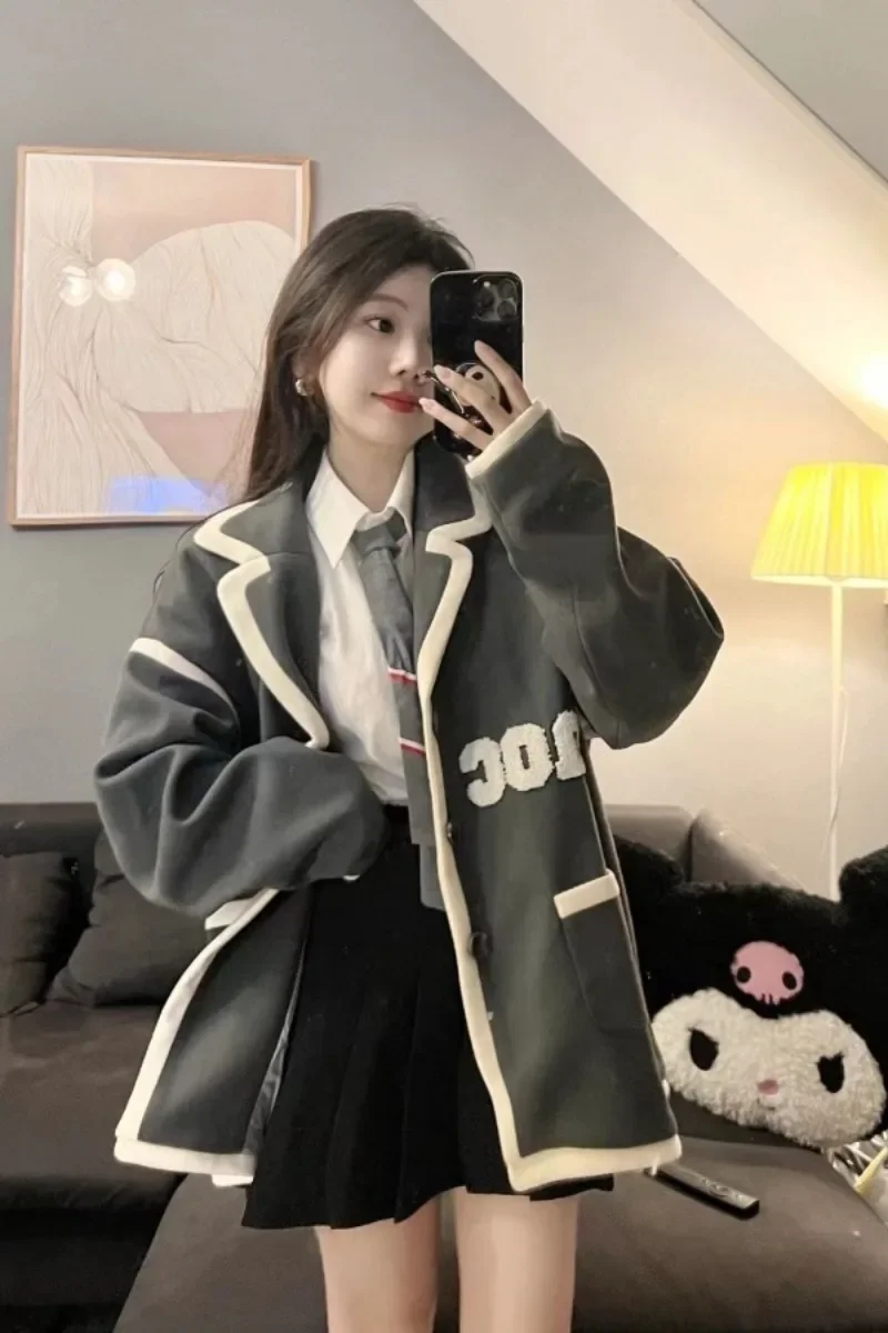 

Женское шерстяное бейсбольное пальто, темно-синее повседневное спортивное пальто контрастных цветов с отложным воротником и вышивкой, с надписью, осень