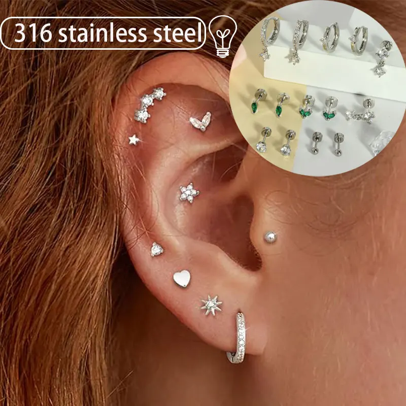 2Pcs 20G Stainless Steel Screw Flat Back Stud Earrings for Women Cartilage Piercing Jewelry Conch Helix Tragus Piercing Earrings