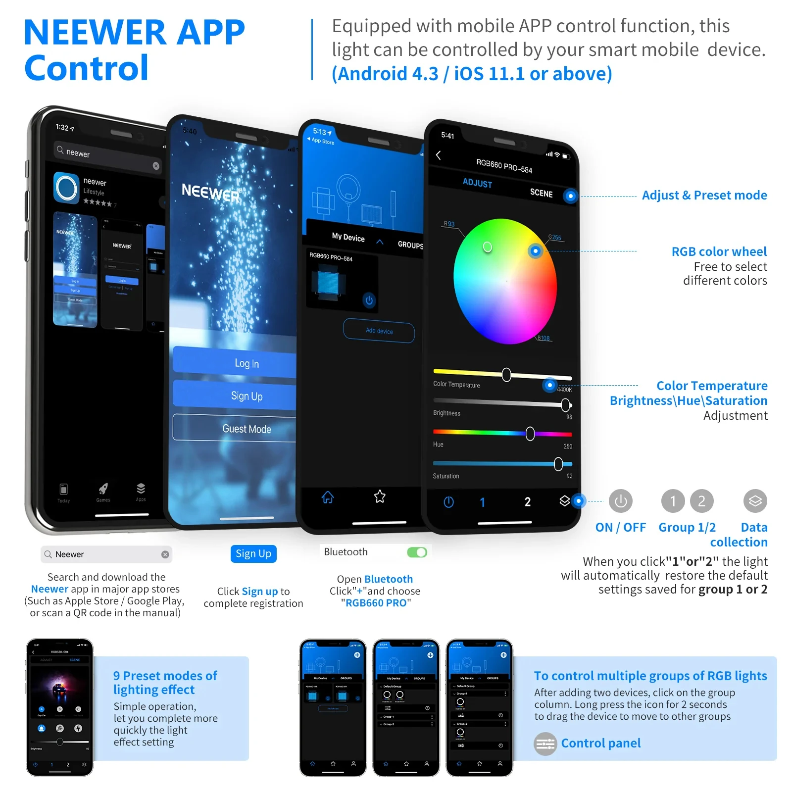 NEEWER 660 PRO RGB LED 비디오 조명, 앱 제어, 360 ° 풀 컬러 3200-5600K 비디오 조명, 게임 사진 스트리밍용