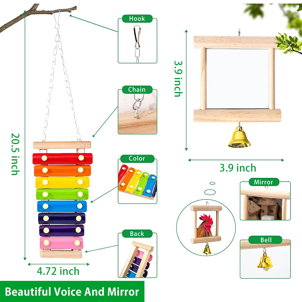 1/6Pcs Chicken Toys Set Chewing Foraging Toys with Wooden Swing Fruit Vegetable Hanging Feeder Xylophone Mirror Bell Ladder Toys 3