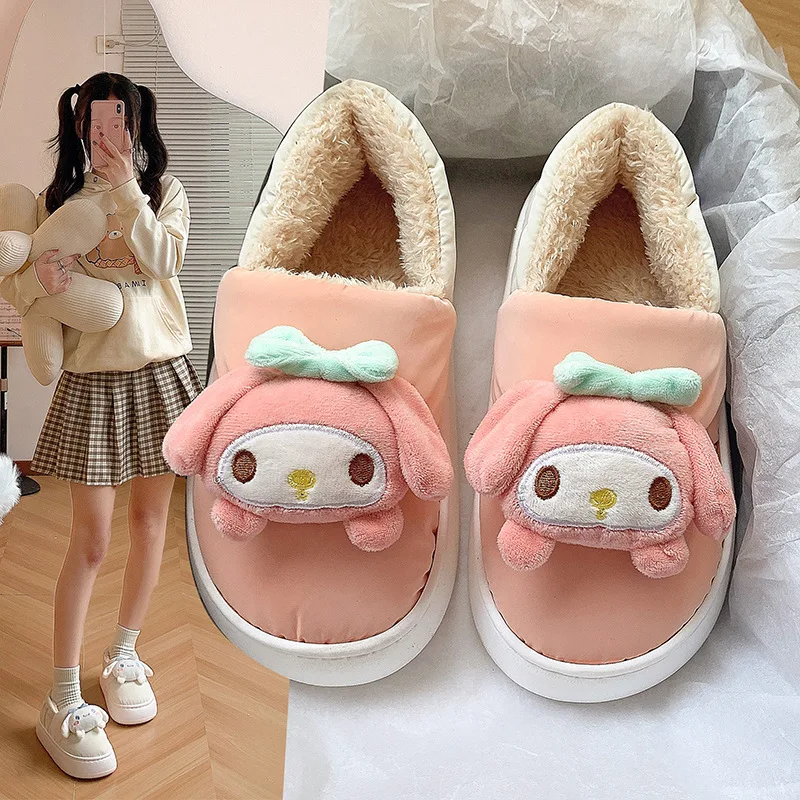 

Kawaii Sanrio новые зимние хлопковые туфли Bunroot Симпатичные My Melody Cinnamoroll мягкие хлопковые тапочки на толстой подошве для девочек Аниме подарок