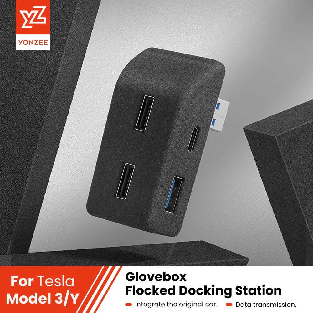 YZ Glove Box Docking Station For Tesla Model Y Model 3 Quick Charger 4 USB Shunt Hub Flocking Adapter Powered Splitter Extension