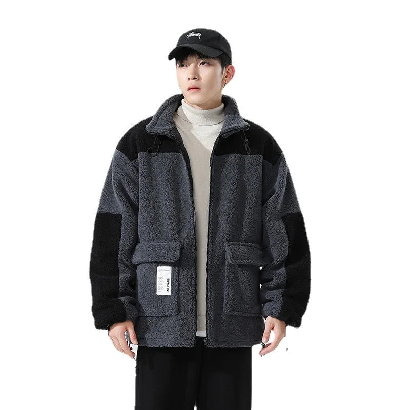 

Drawstring Lamb Fleece Warm Cotton Jacket Men Fashion Stand Collar Cotton Coat Thick Autumn and Winter 2022